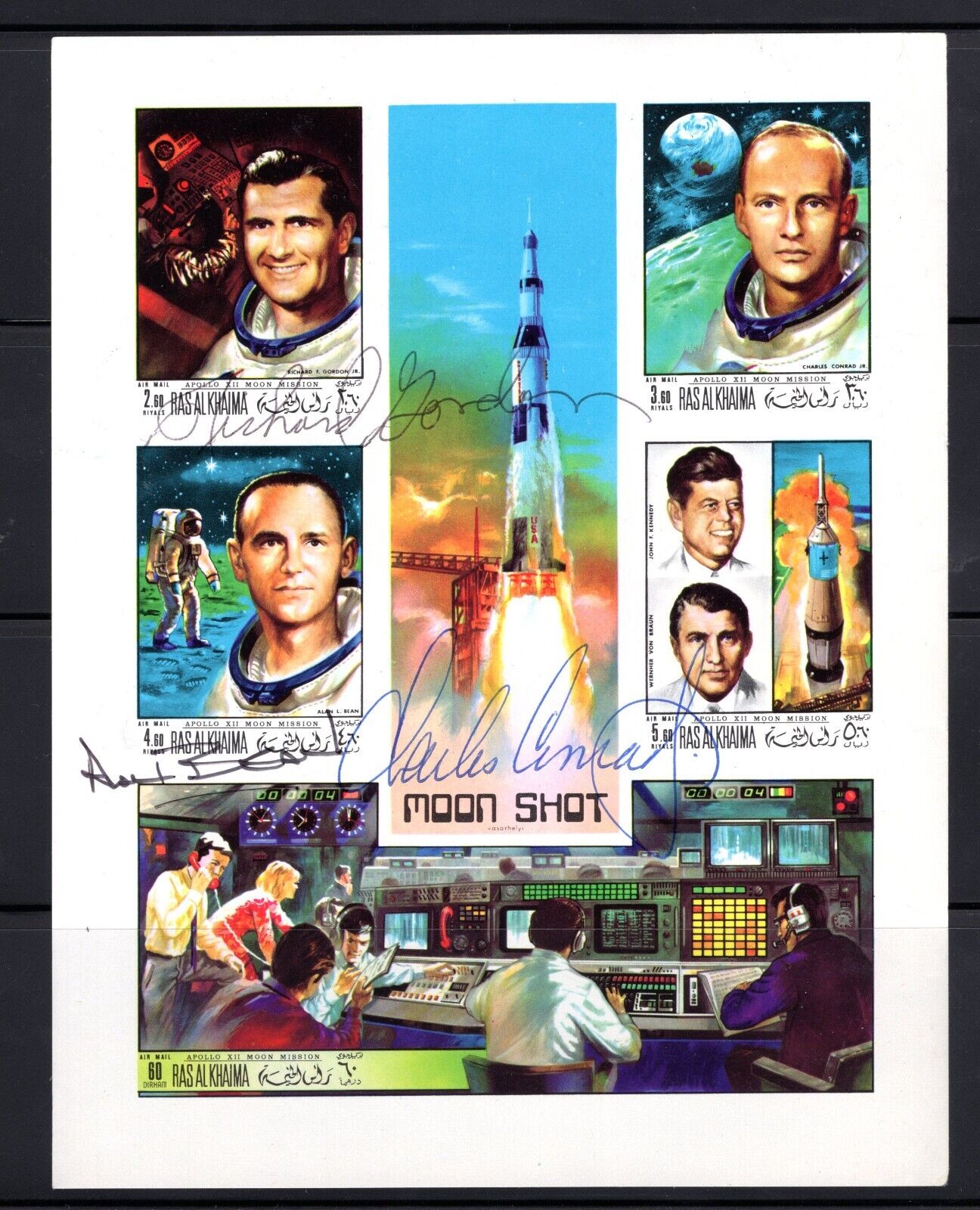 UAE 1969 Apollo 12 Entire Space Crew Autographed Souvenir Sheet Ras Al Khaima
