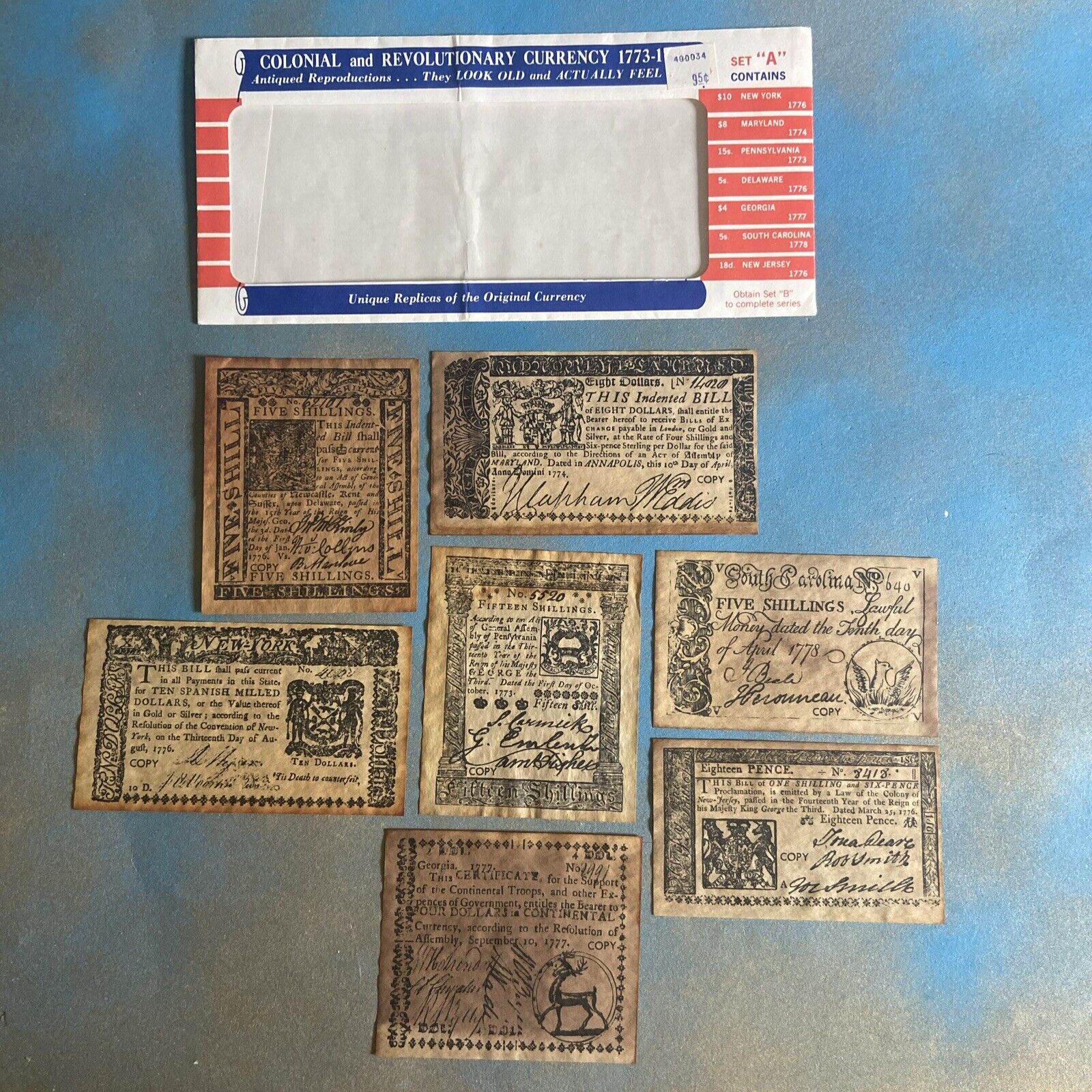 Colonial and Revolutionary Currency - set “A” Vintage Reproductions 1773 - 1781