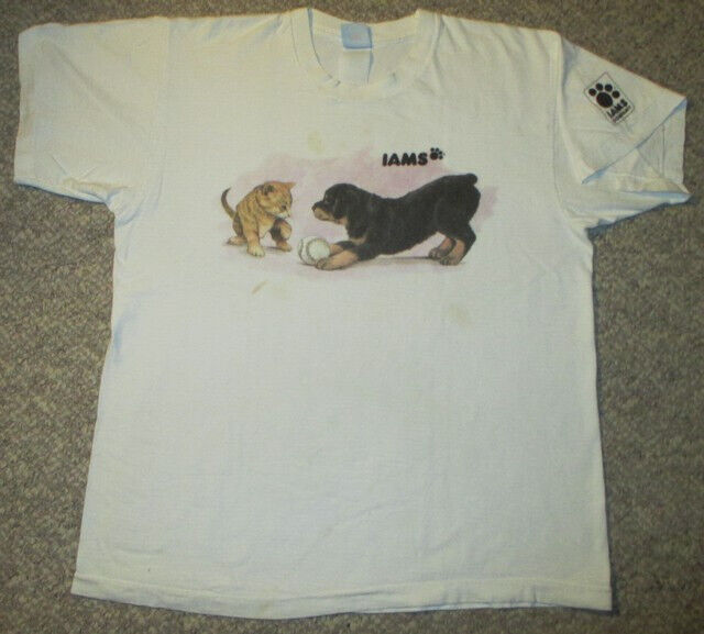 Vintage Iams T-Shirt, Kitten/Puppy/Baseball, Fruit of the Loom Large