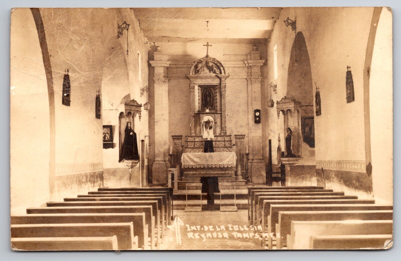 Interior De La Iglesia Reynosa Tamaulipas Mexico c1940 Real Photo RPPC