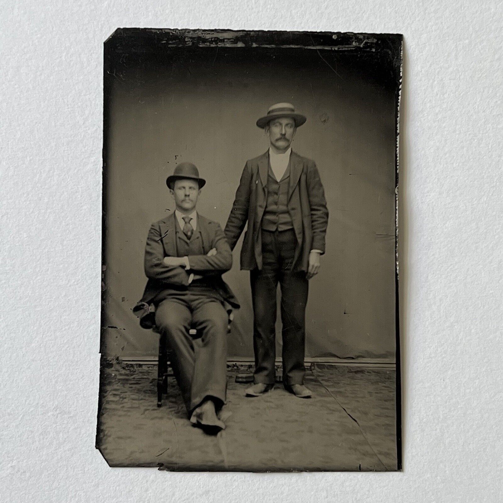 Antique Tintype Photograph Men Boater Bowler Hat Photo Stand Fall River MA