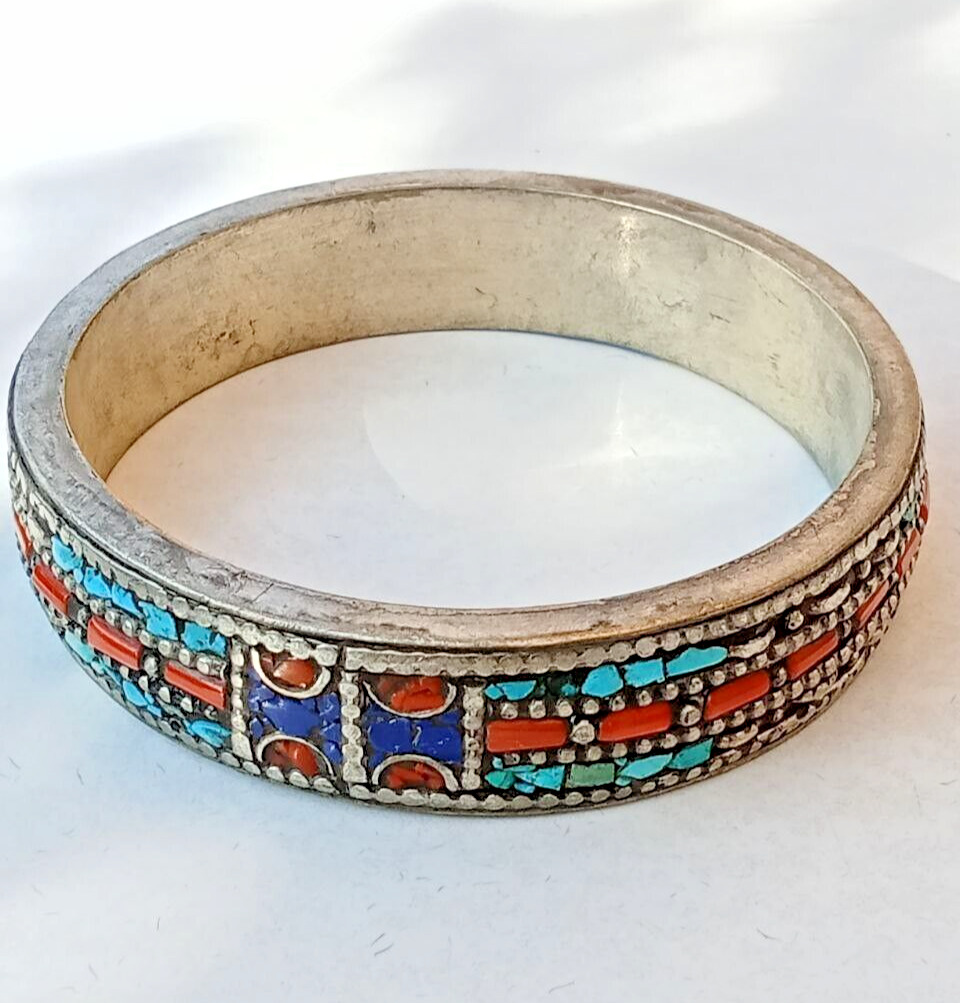 Ancient Victorian Big Silver Color Cuff Bracelet Amazing With Turquoise Stones