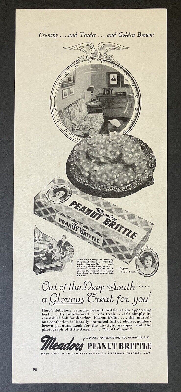 1946 Meador\'s Peanut Brittle Out of The Deep South Greenville SC Vtg Print Ad