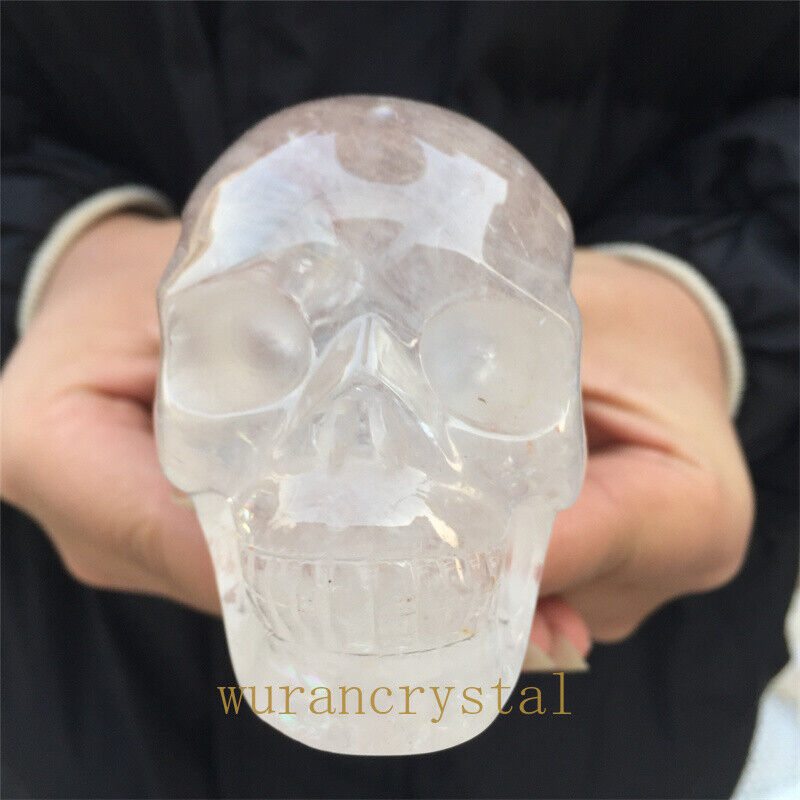 Top 370g Natural Quartz Clear crystal Carved skull Energy point Reiki healing