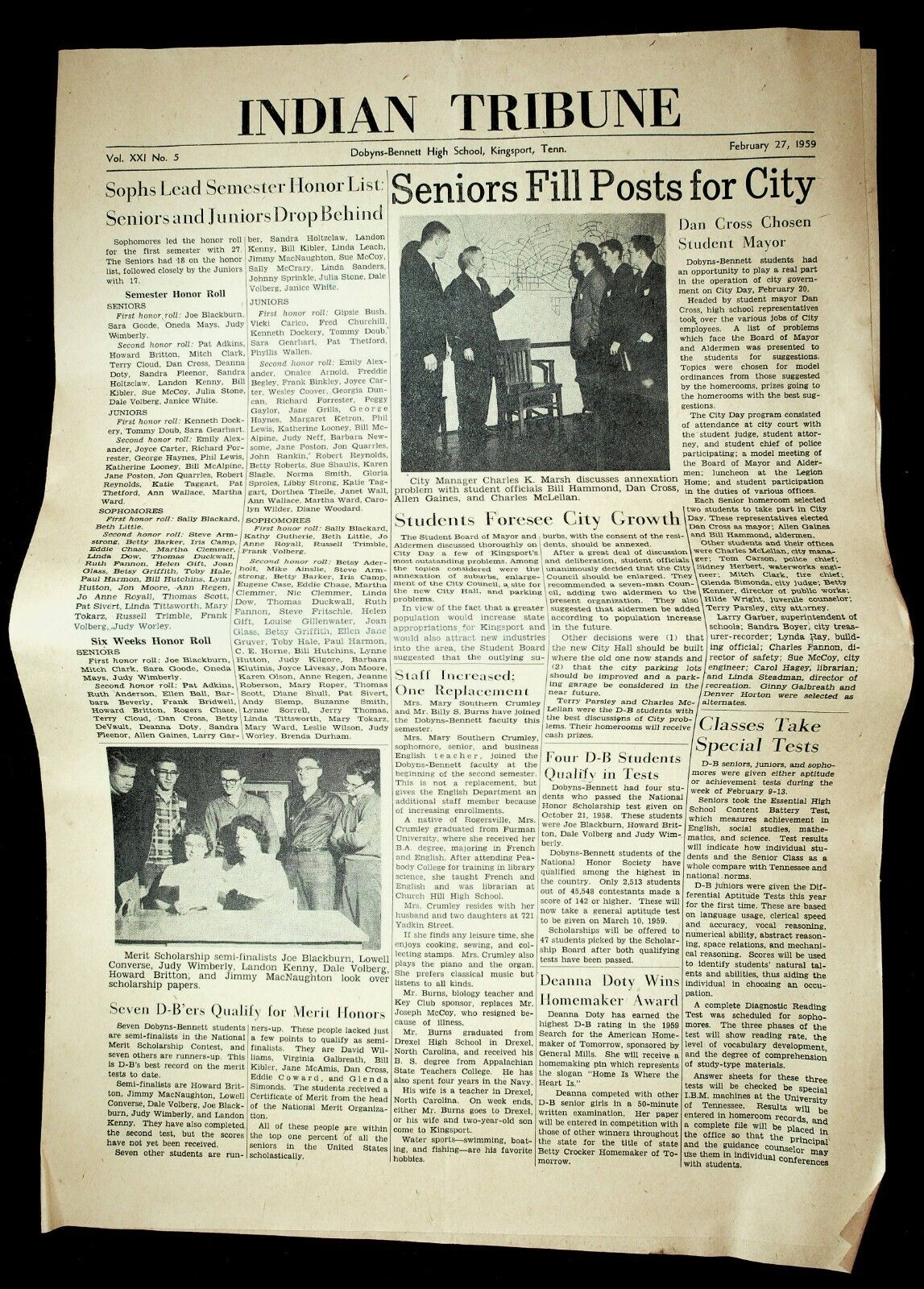 Kingsport TN Dobyns Bennett High School Indian Tribune Newspaper Feb 27 1959