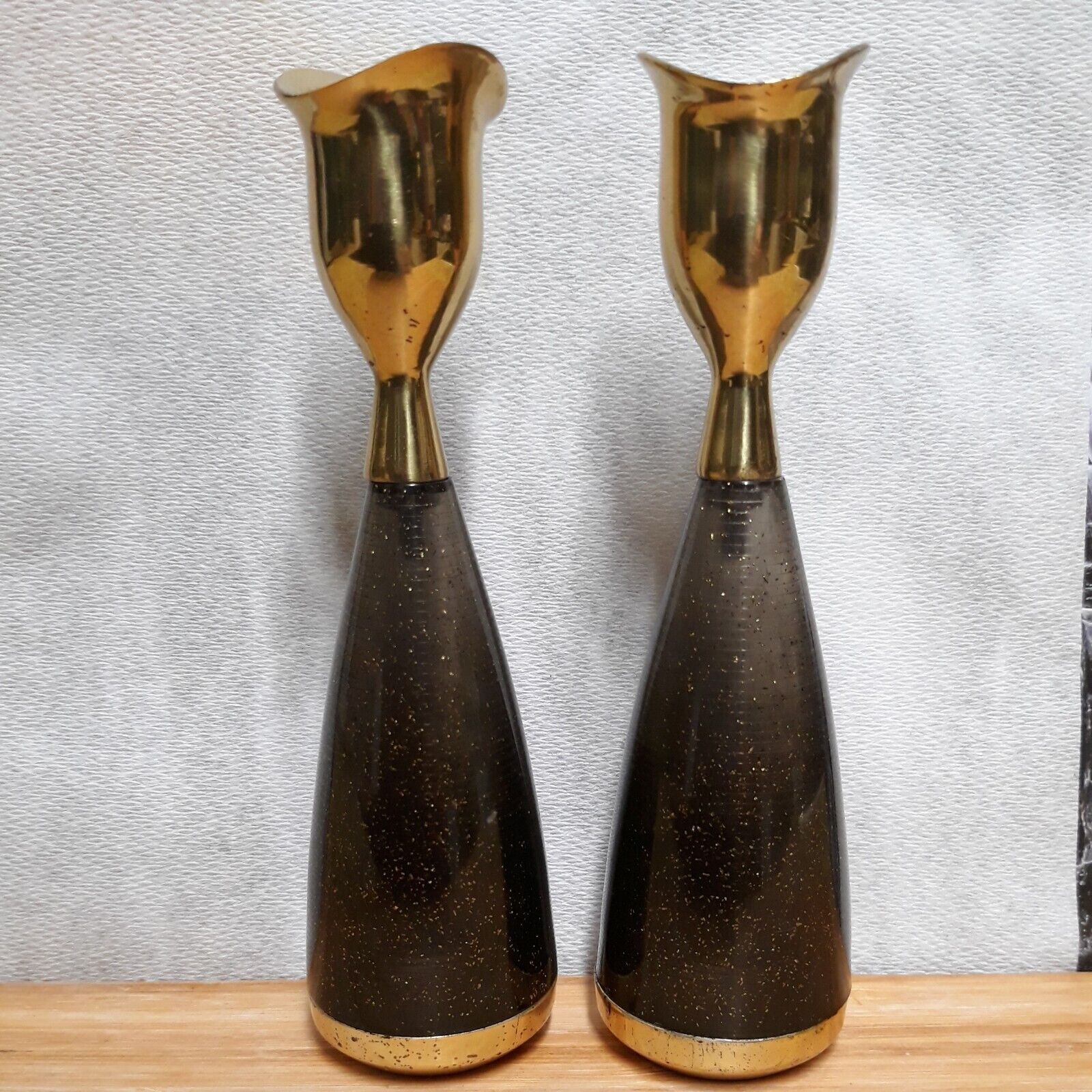 Pair of Vintge Art Deco Black/Gold Flecked and Brass Candlestick Holders