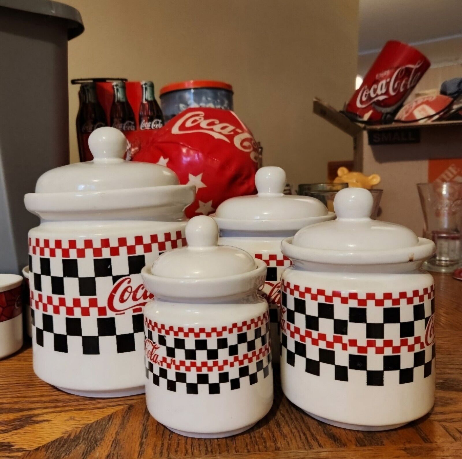 Vintage 1997 Coca-Cola 4-Piece Kitchen Canister Set stoneware-type Checkered