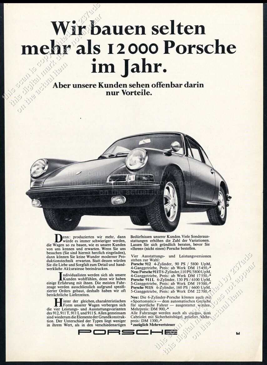 1968 Porsche 911 car photo pricing stats German vintage print ad