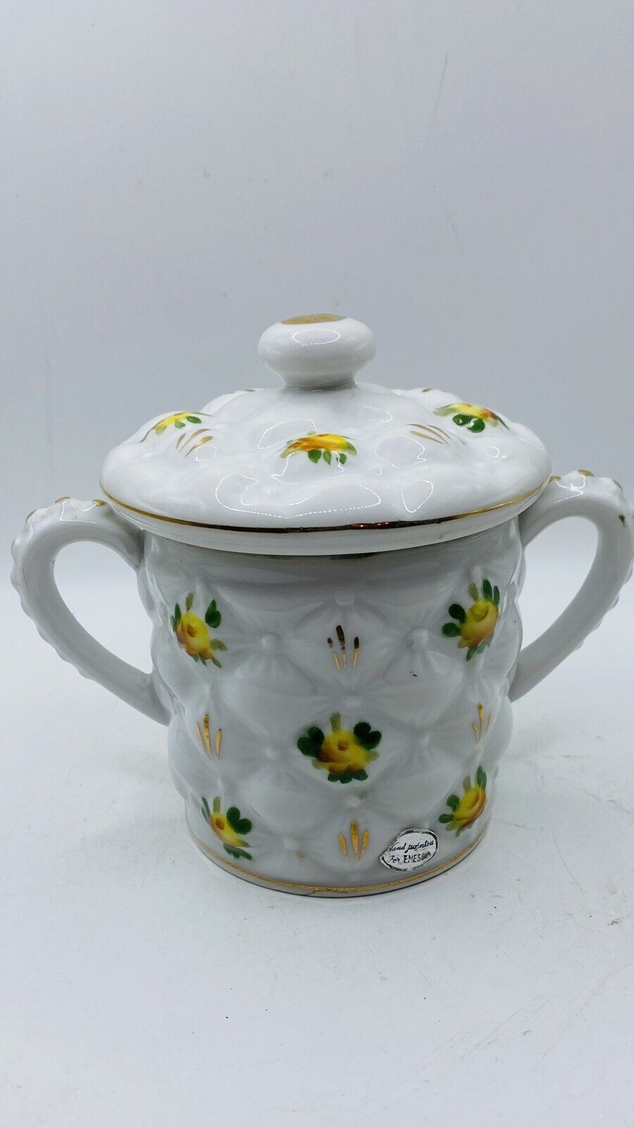 Vintage Enesco Quilted White With Yellow Roses Sugar And Lid
