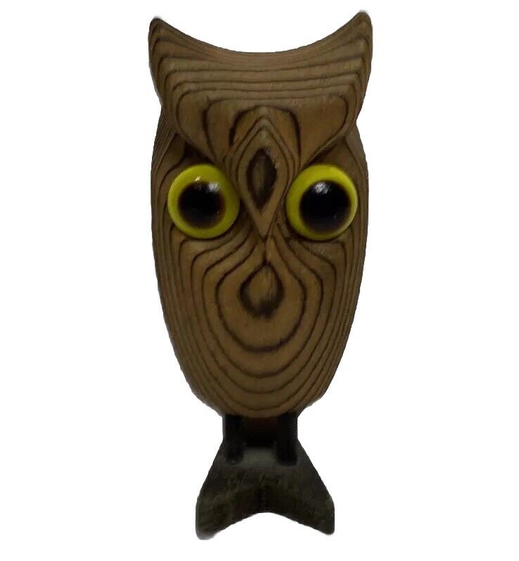 Vintage MCM Cryptomeria Wood Owl Figurine 2.5” Small Carved Decor Yellow Eyes