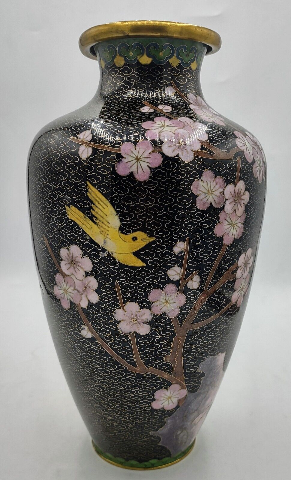 Vtg Chinese Cloisonné Brass Vase Pink Cherry Blossoms Yellow Canary Bird 10\