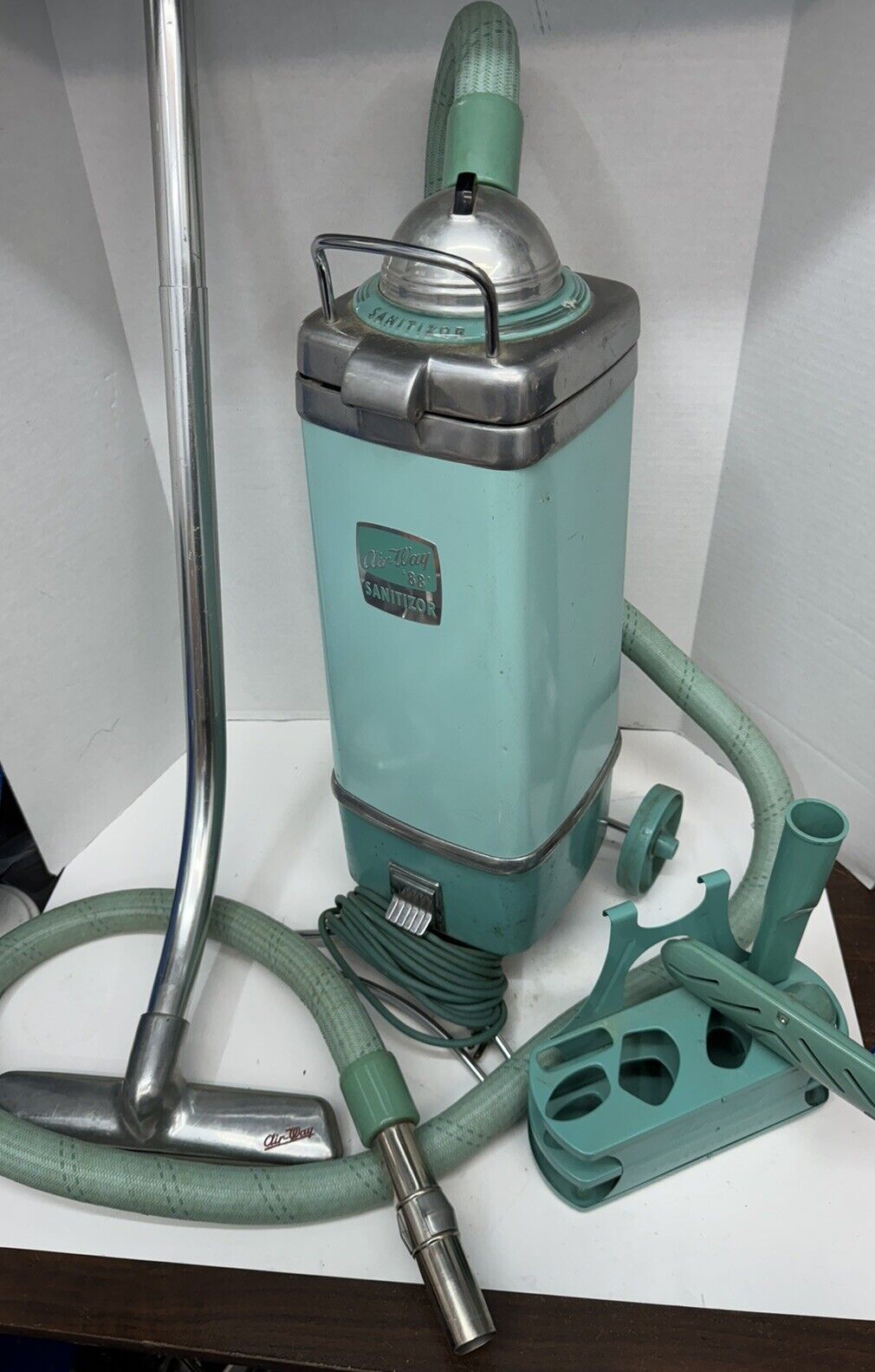Vintage Air-Way Sanitizor Canister Vacuum Aqua Model 88 W Attachments Tested
