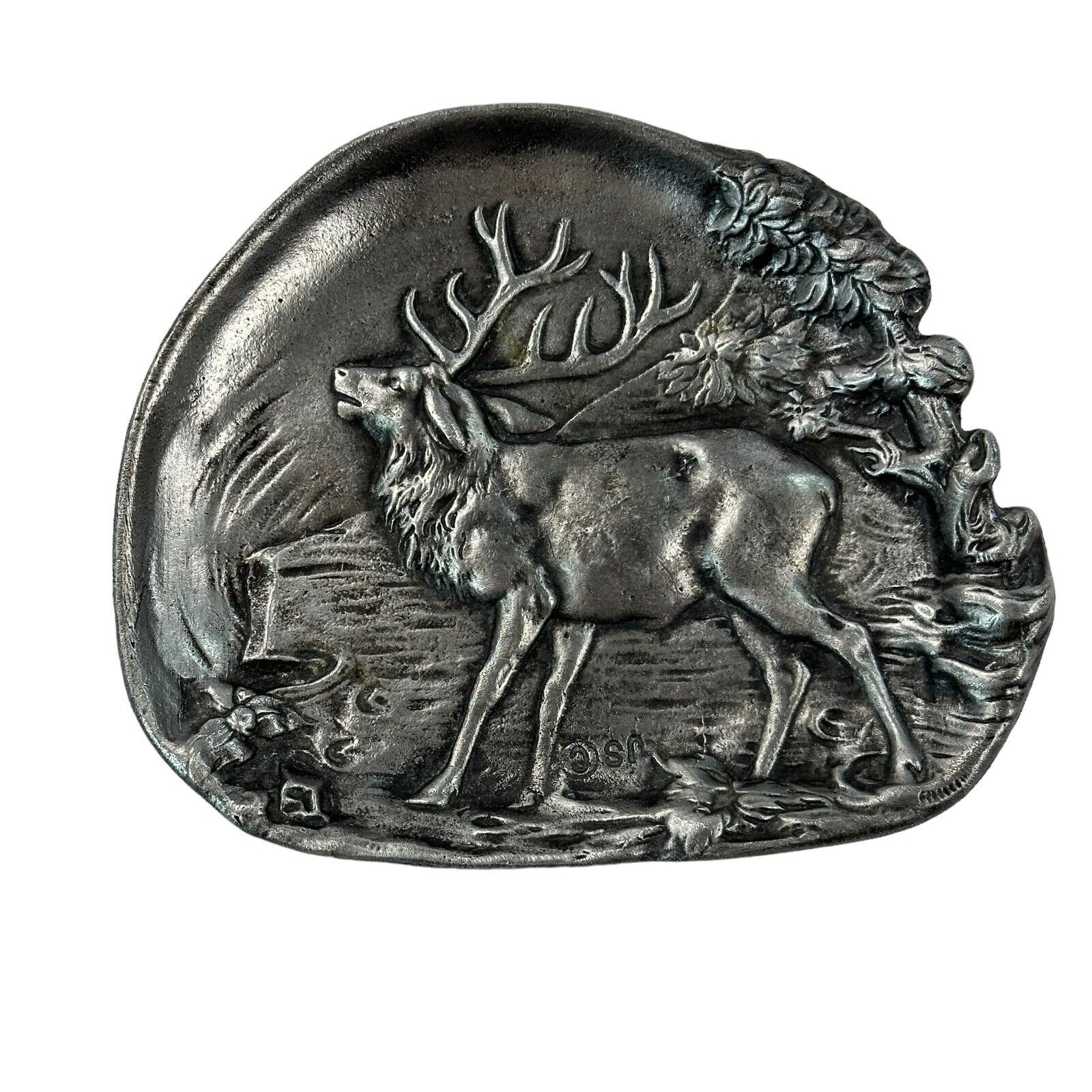 Vintage Pewter Elk Wildlife Hunting Change Tray Dish Metal