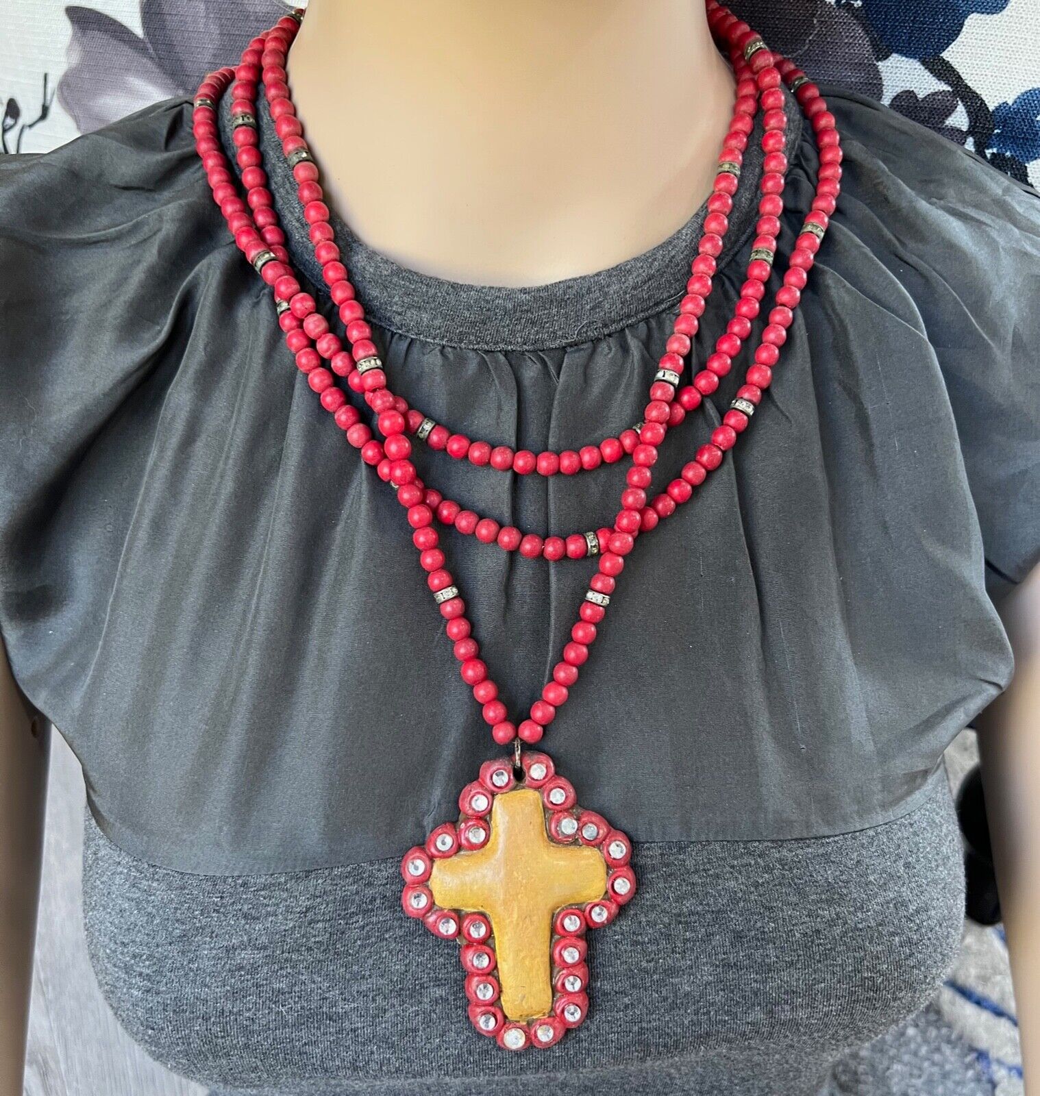 Vintage Triple Strand  Red Bead Distressed Cross Rhinestone Necklace 21\
