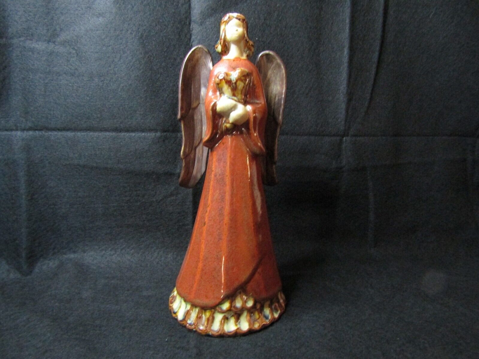 Vintage Large Glazed Ceramic Angel Holding A Heart Figurine.
