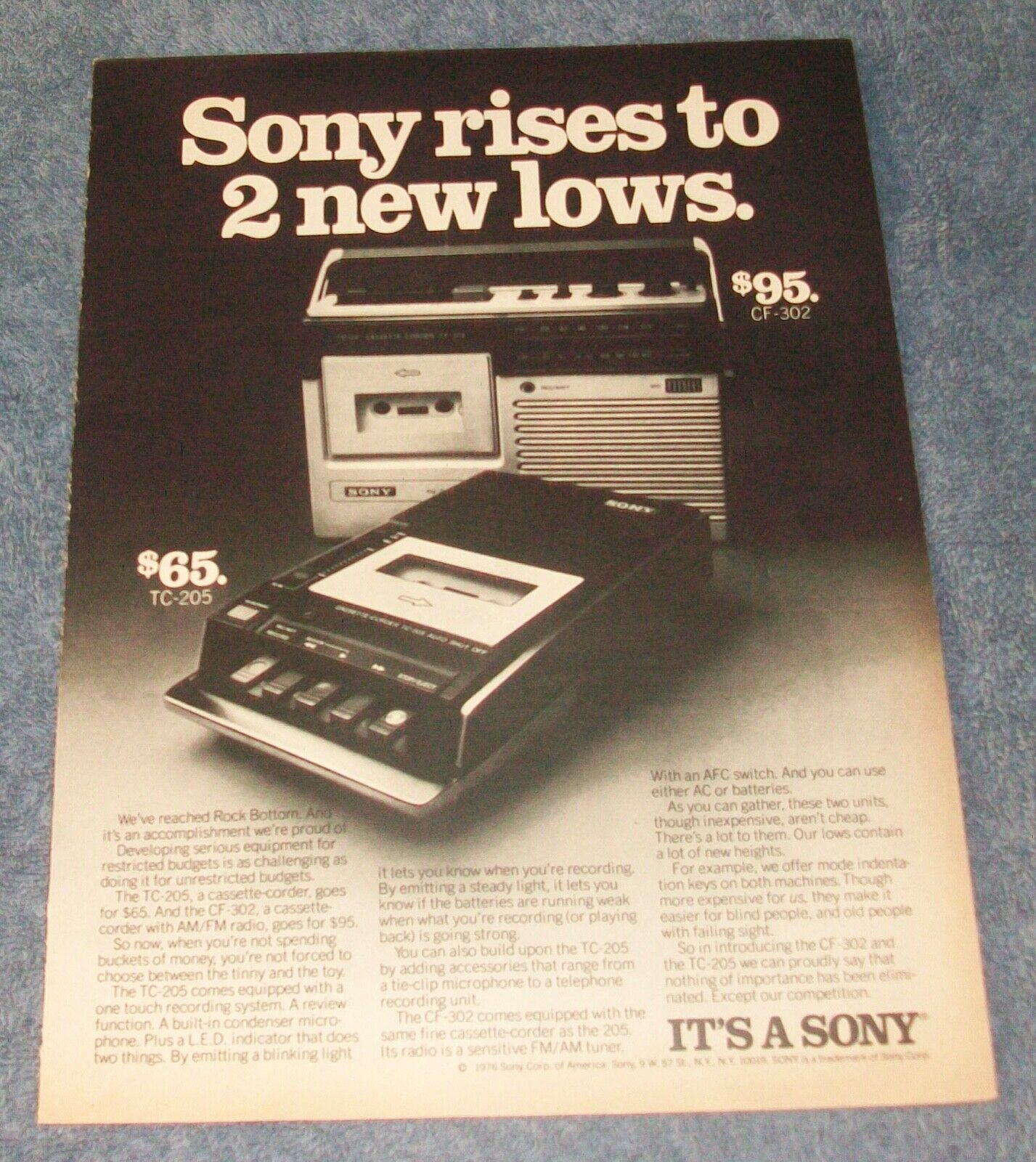 1977 Sony CF-302 AM/FM Cassette Recorder & TC-205 Cassette-corder Vintage Ad