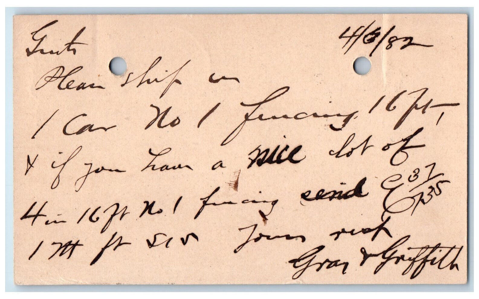 1882 Ship Car Lumber Gran & Griffith Hampton Iowa IA Clinton IA Postal Card