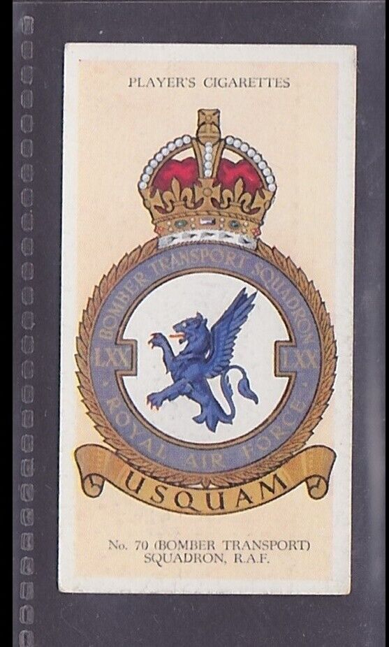 RAF BADGES - No. 70 Bomber Transport Squadron - 80 + year old UK Card # 39