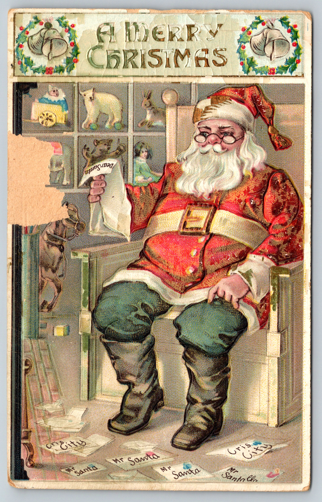 c1900s Merry Christmas Reading Santa Claus Embossed Decor Vintage Postcard