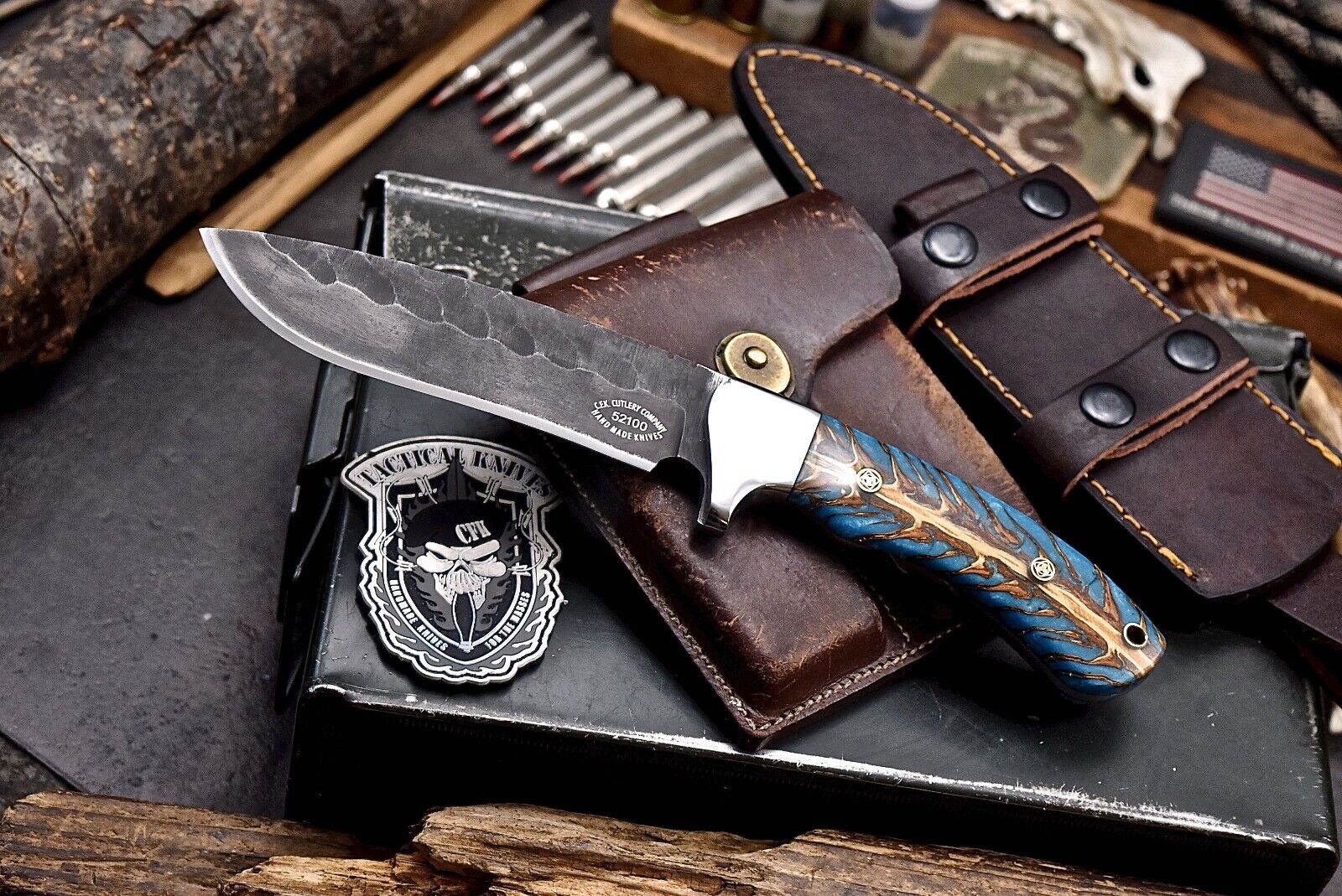 CFK Handmade 52100 Custom BLUE PINE CONE Hunting Camping Skinner Sport Knife