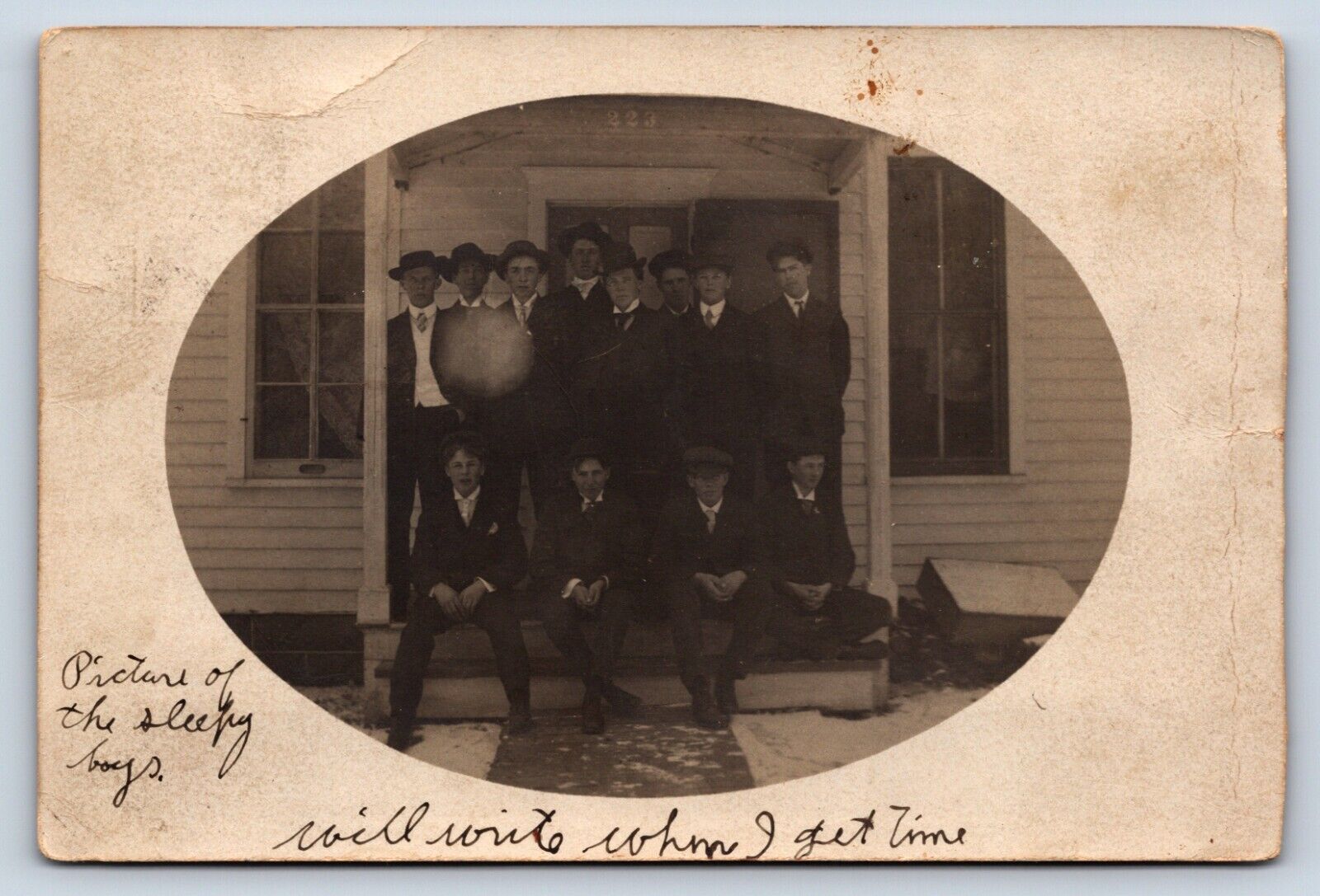 Postcard SD RPPC Colman Picture Sleepy Boys Young Fellows Suits Hats Porch C6