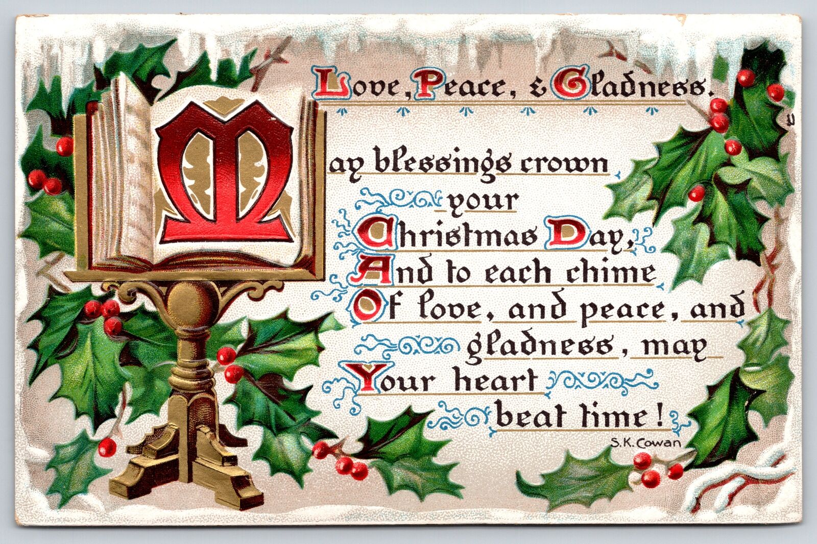 TUCK~Love Peace & Gladness~Holly W/ Frost & Book On Lectern~Embossed~Vintage PC