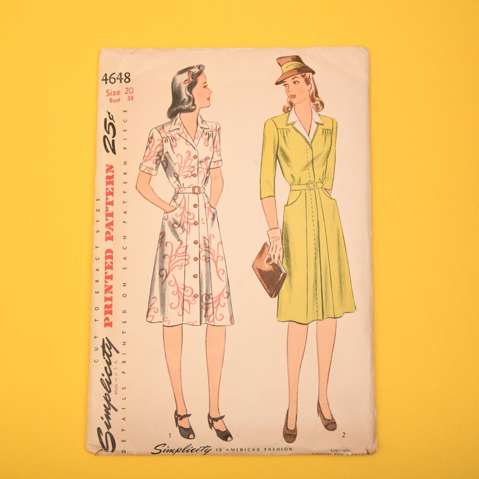 Vintage 40s Simplicity Notched Collar Dress Sewing Pattern 4648 Bust 38 Complete