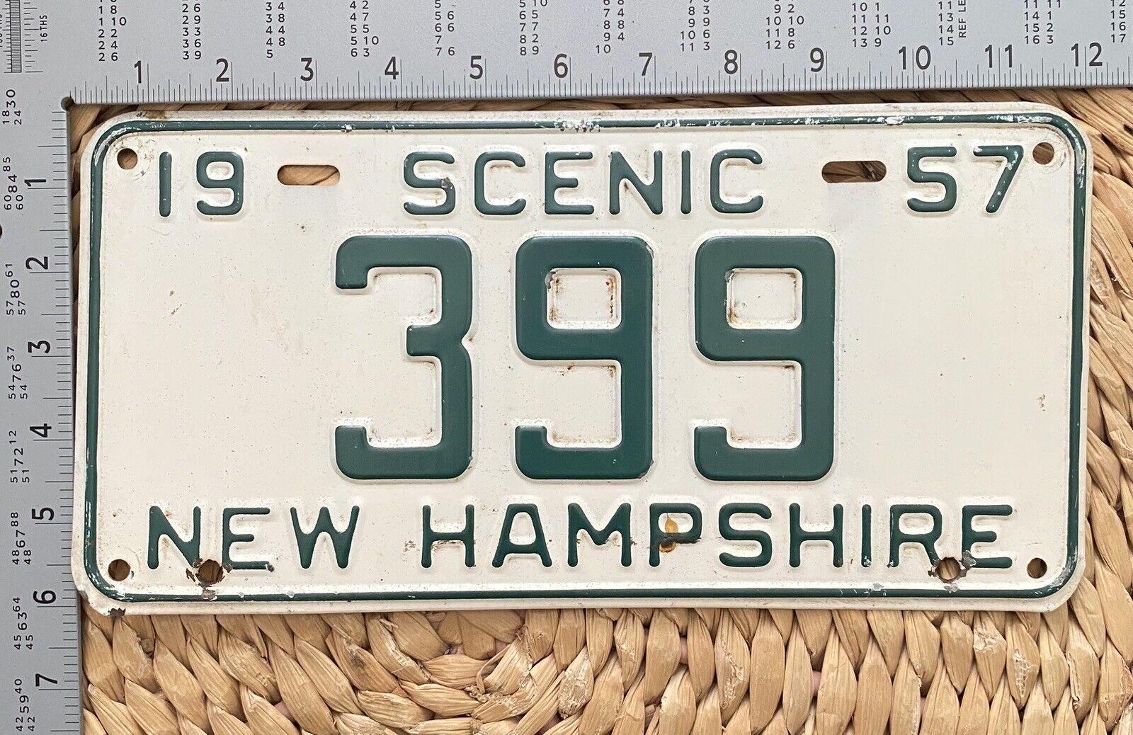 1957 New Hampshire License Plate 399 Garage Decor Low Number Green White ALPCA