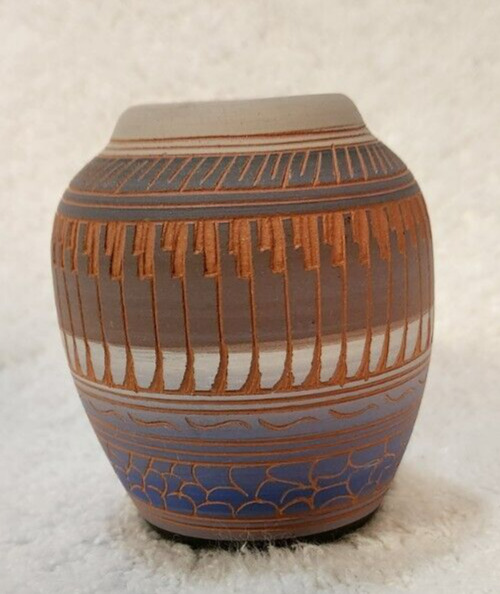 Michael Charlie Navajo Etched Pottery Vase Native American Signed 2 3/4\