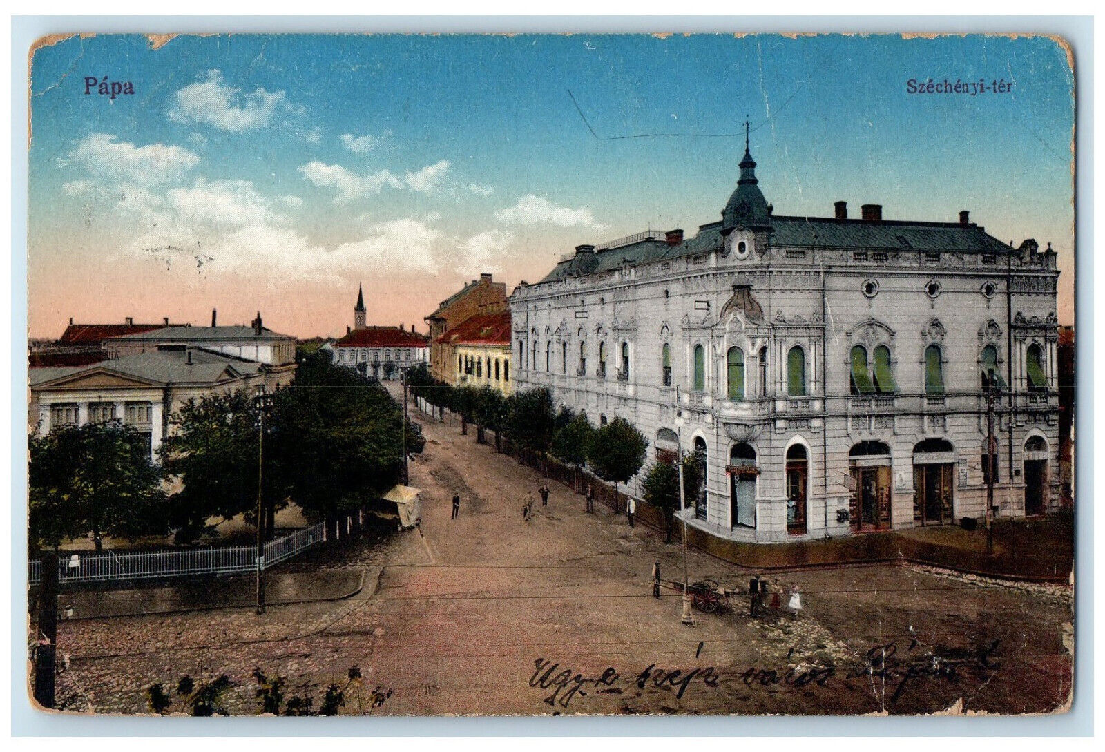 1914 View of Road Szecheayi-ter Papa Hungary Antique Posted Postcard