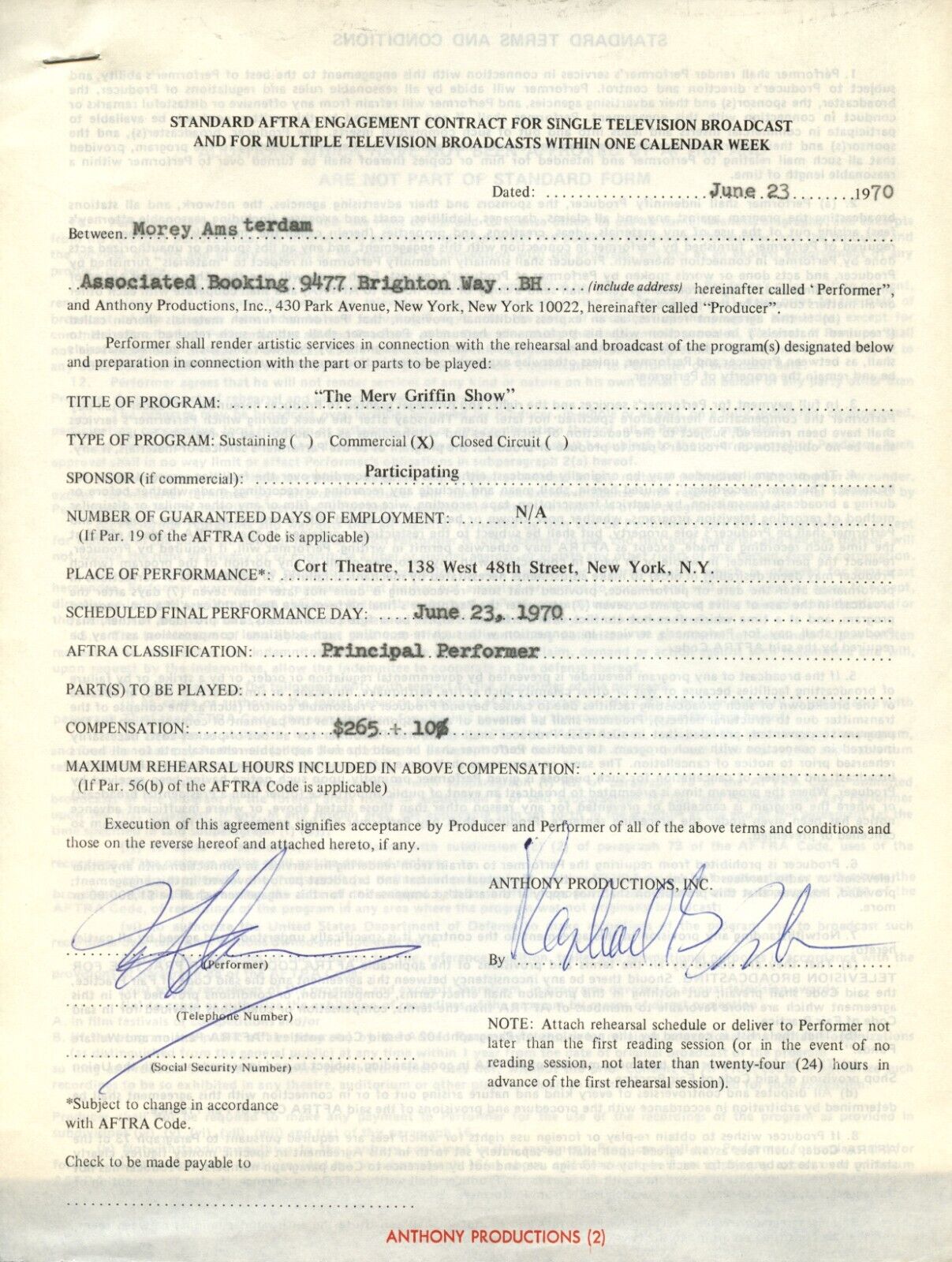 Morey Amsterdam signed autograph 8.5x11 Original Merv Griffin 1970 Show Contract