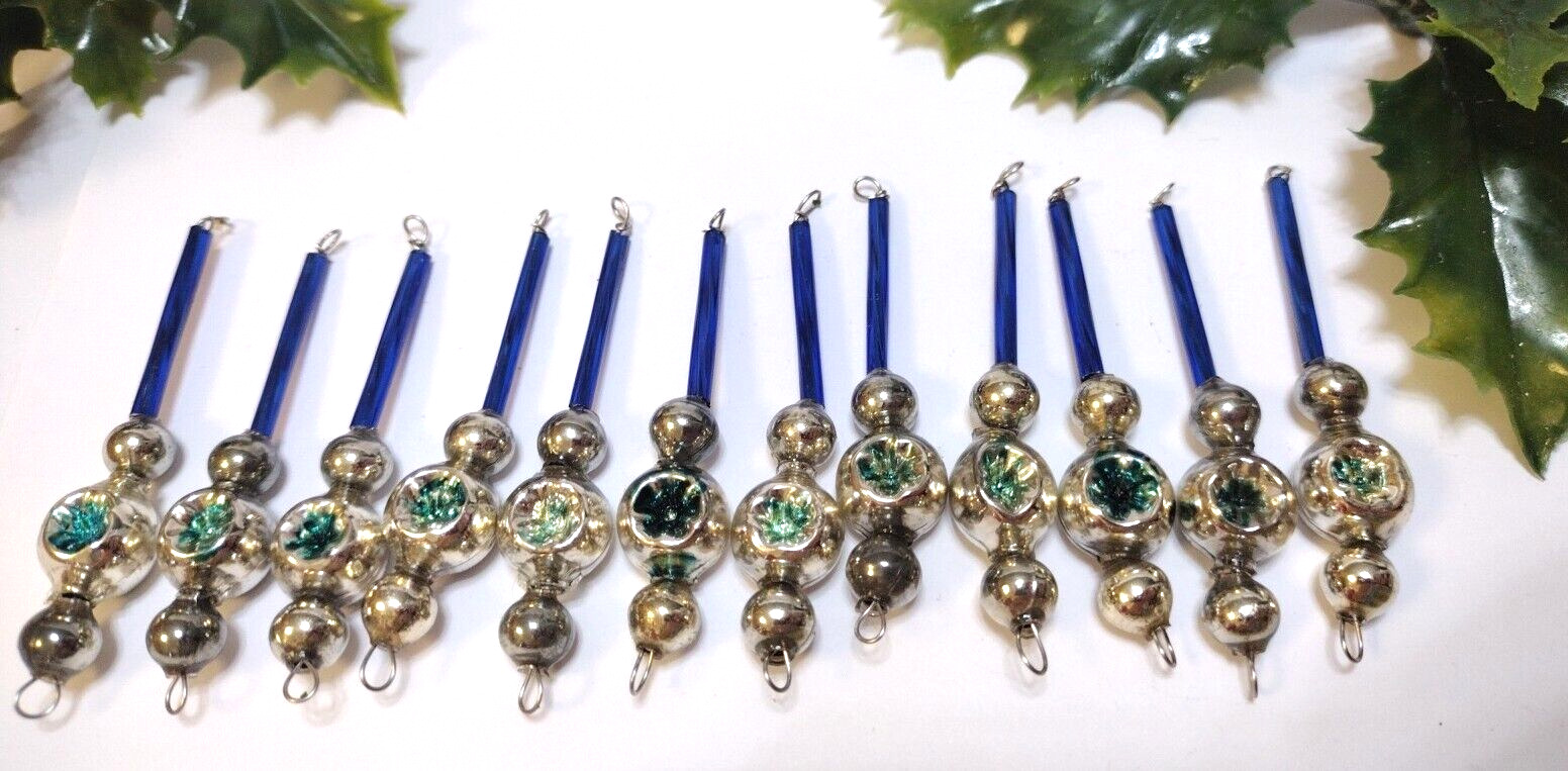 Vtg Christmas Ornaments 12 BLUE Indent SILVER Mercury Glass Bead Icicles #G15