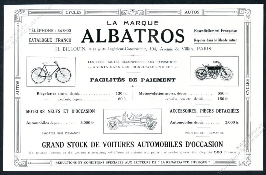 1910 Albatros motorcycle car bike bicycle art scarce French vintage print ad