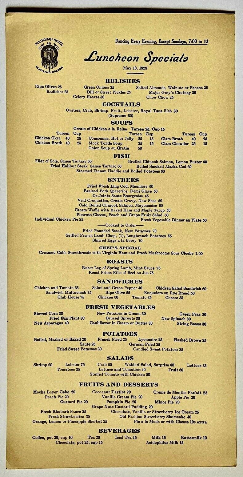 1929 Portland Oregon Multnomah Hotel Restaurant May 18th Lunch Menu Card Vintage