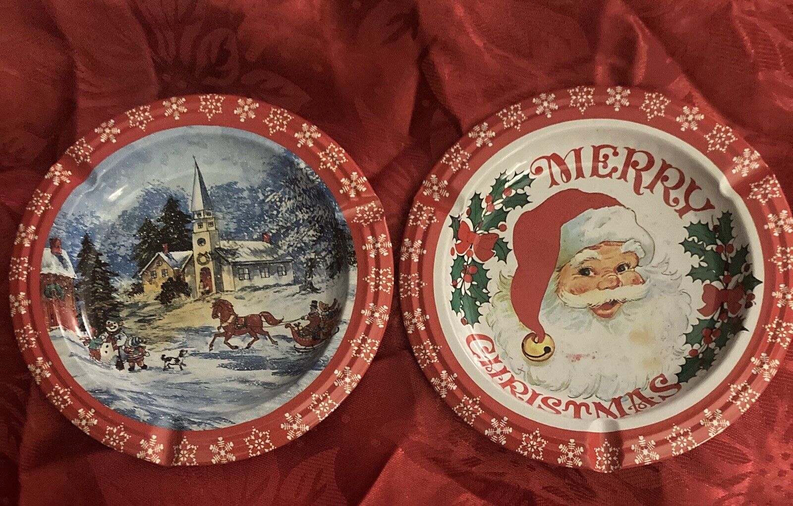 Vintage #2 Tin Christmas Ashtray, Merry Christmas And Holiday Sceen