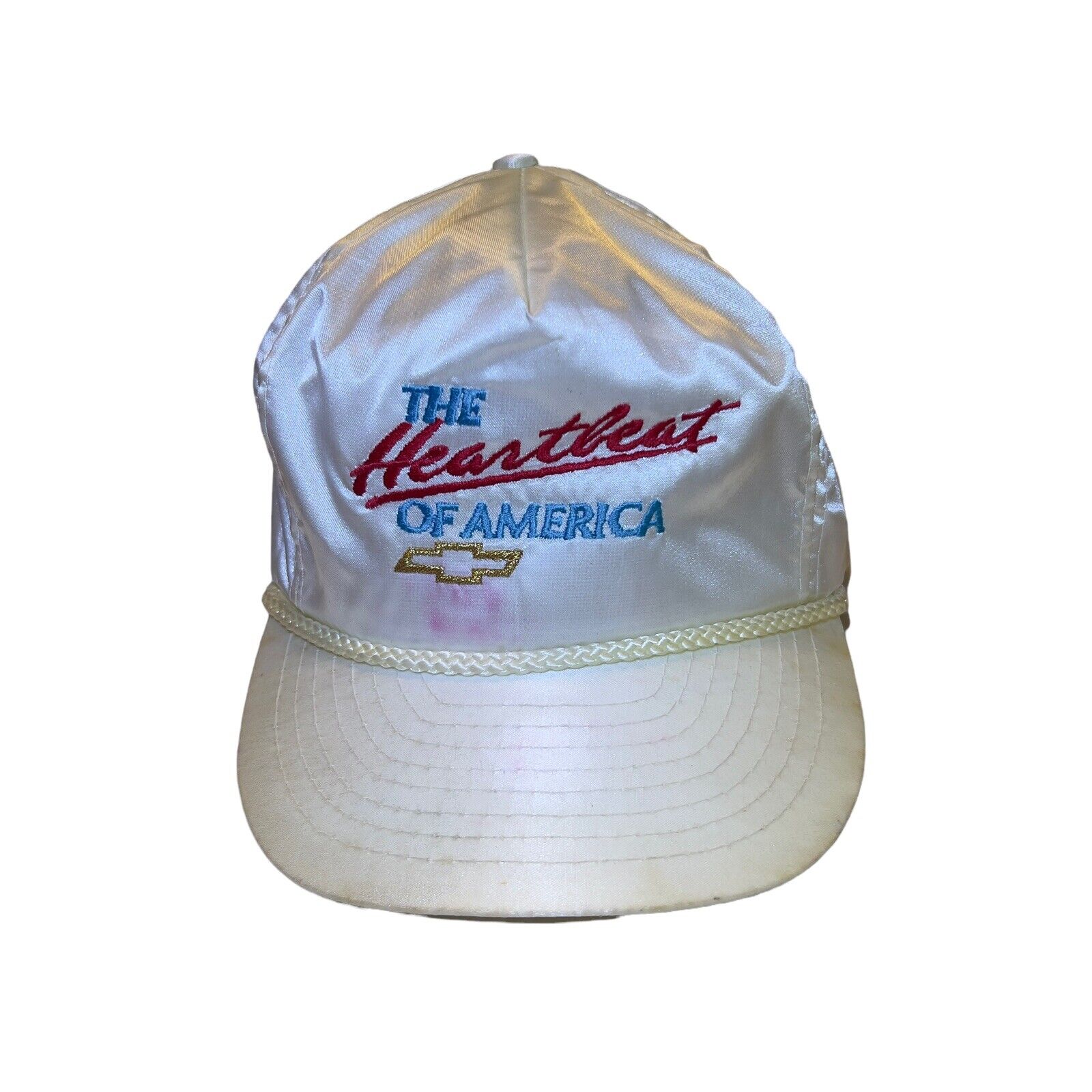 VTG The Heartbeat of America Embroidered Rope Nylon Slideback Men White Hat RARE