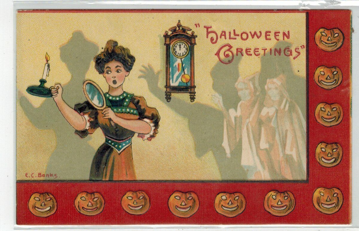 Halloween Post Card Lady, Hand Mirror and Ghosts