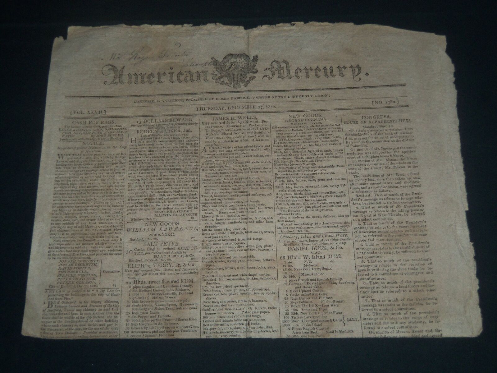 1810 DEC 27 AMERICAN MERCURY NEWSPAPER - HARTFORD FIRE INS. CO. FOUNDED- NP 3983