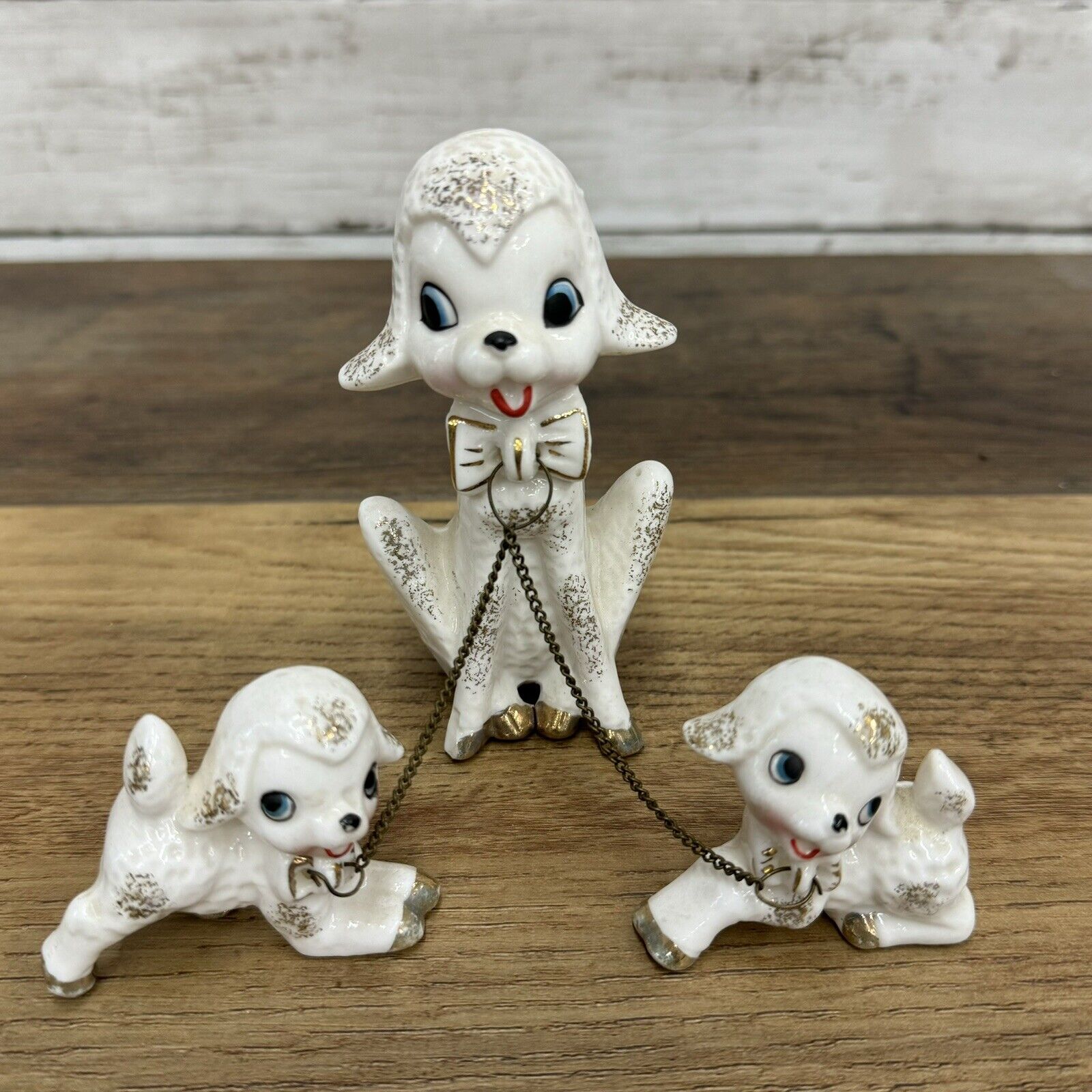 Ucagco White Vintage Sheep Lamb Mom & Babies Chained Animal Family Figurine