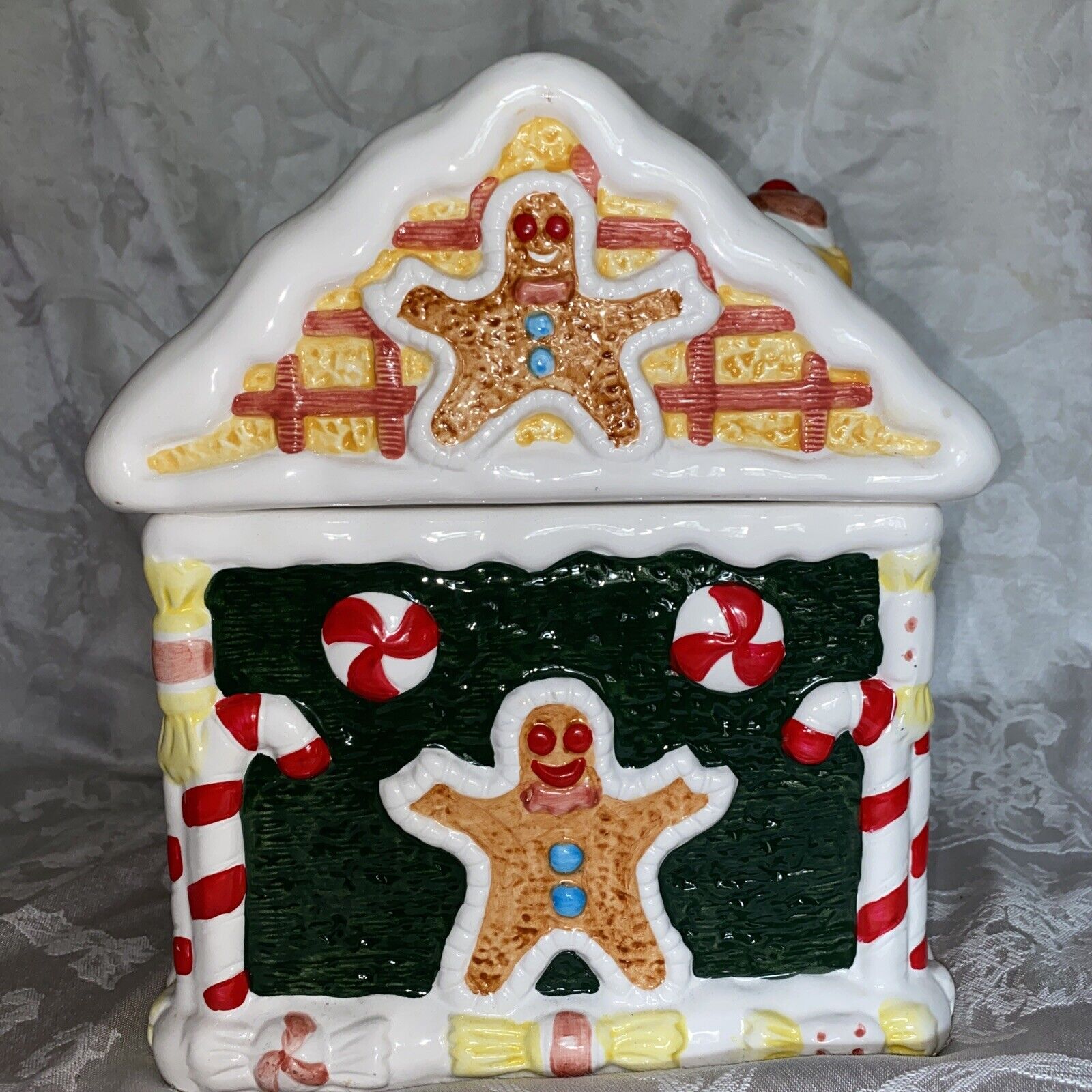 Gingerbread House Christmas Cookie Jar Large Porcelain Ceramic Hand Painted 13”