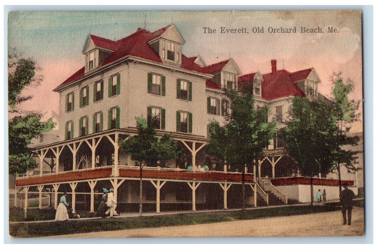 1908 The Everett Overview Building Stairs Porch Old Orchard Beach Maine Postcard