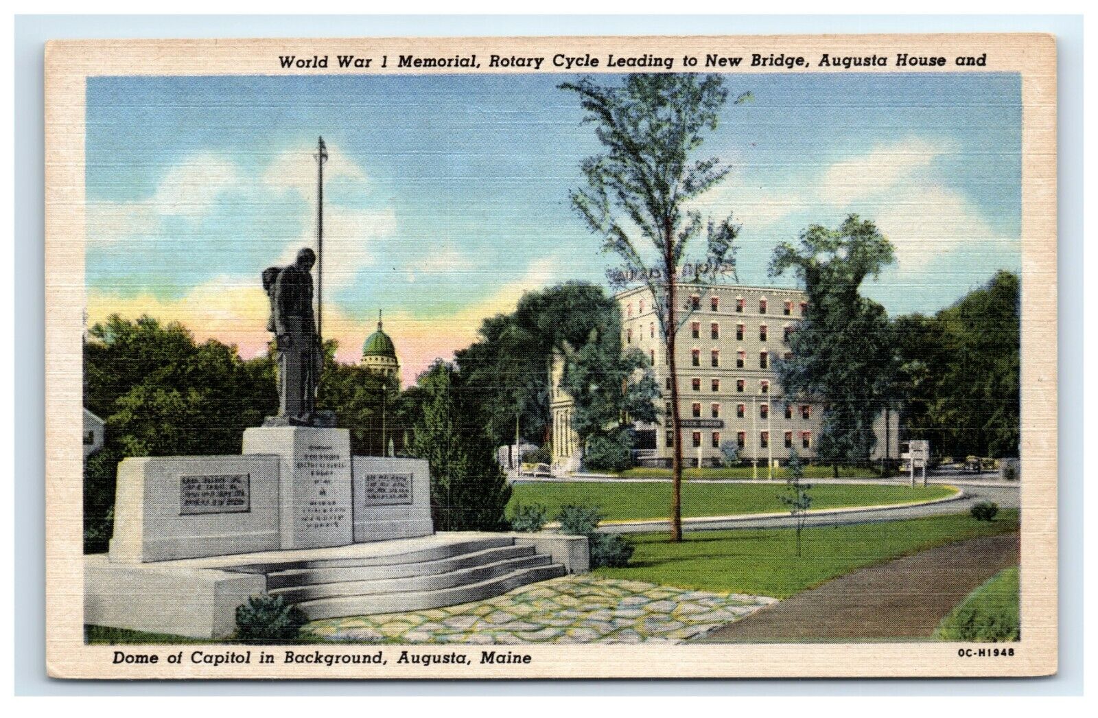 Postcard WWI Memorial, Rotary Cycle leading to New Bridge, Augusta ME G25