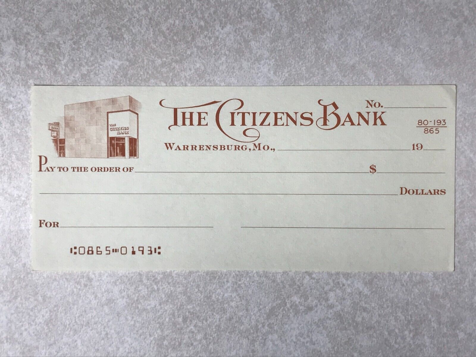 SBB12 Bank Check The Citizens Bank Warrensburg MO Missouri