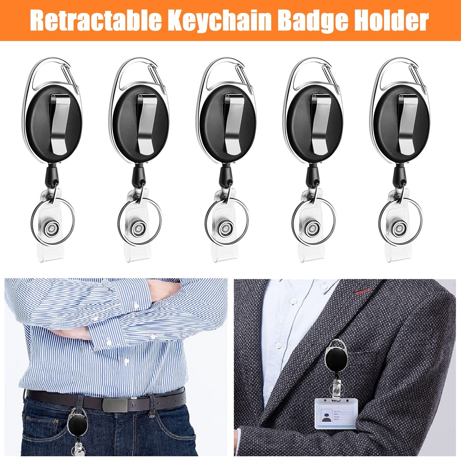 1~5PCS Retractable Badge Reel with Carabiner Belt Clip and Key Ring for ID Card