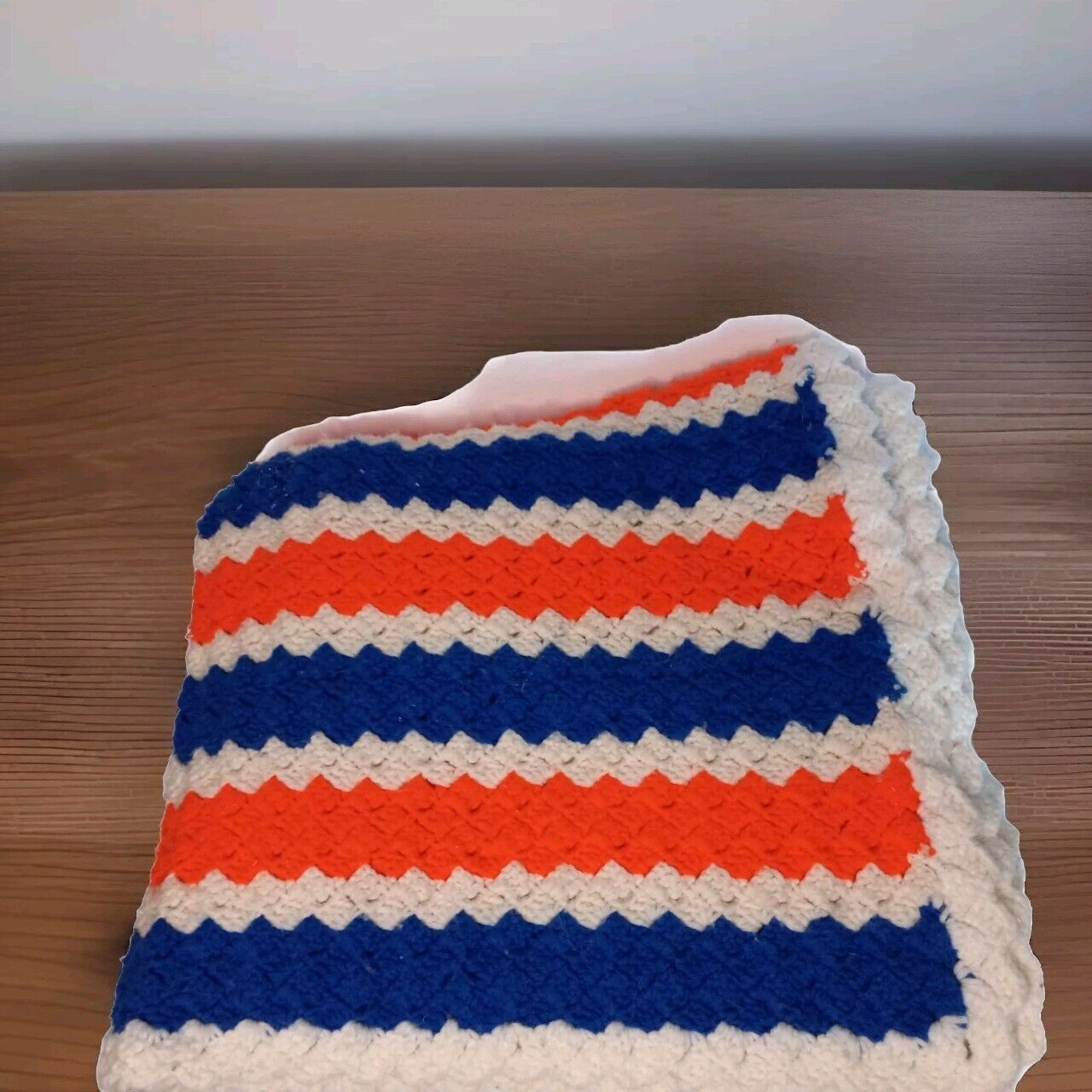 Mid-Century Mod 1970s Orange/Blue/White Crocheted Afghan Homemade