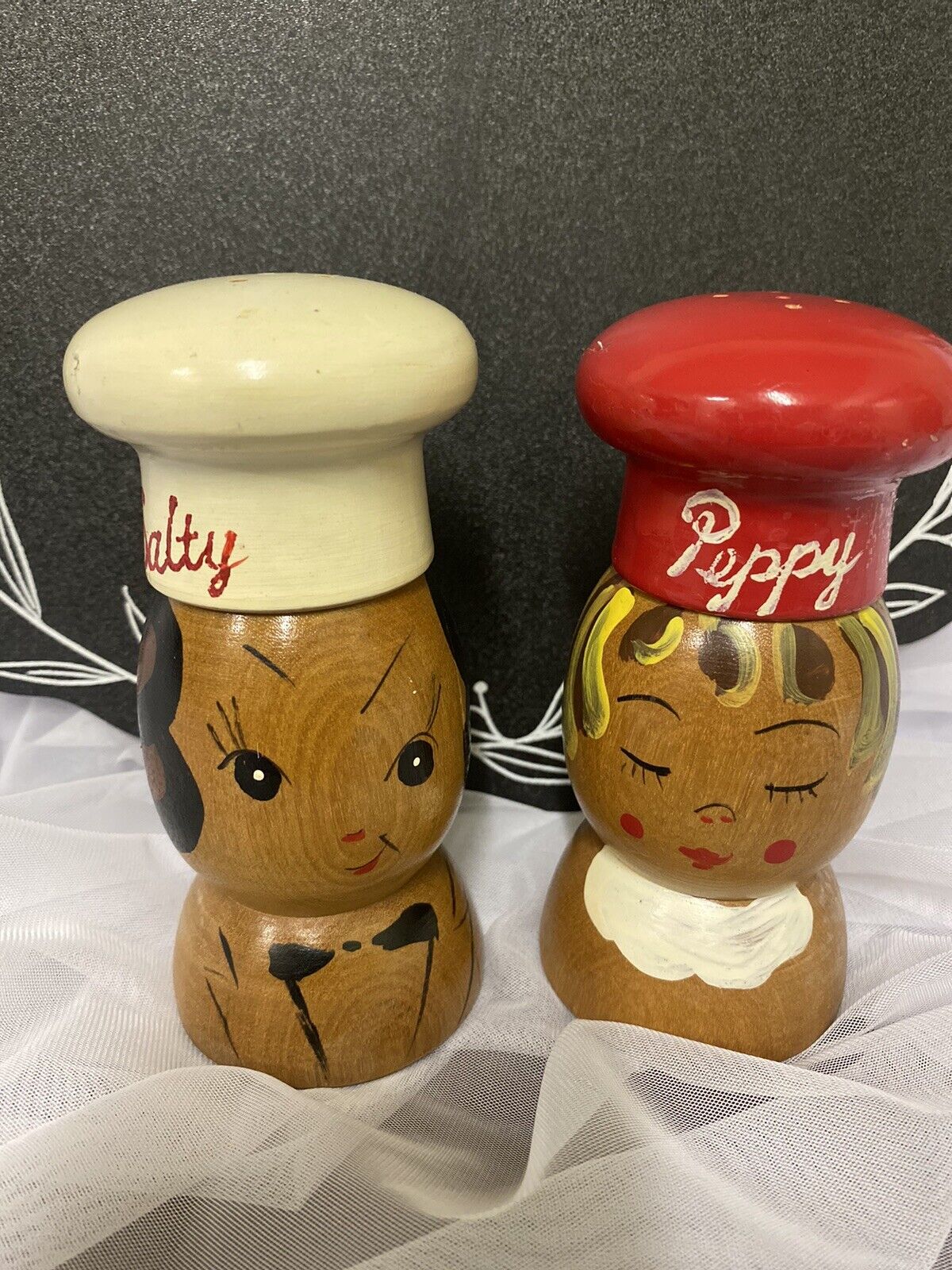 Vintage Salty And Peppy Large Wooden Salt and Pepper Shakers 5 In Chef Hat Japan