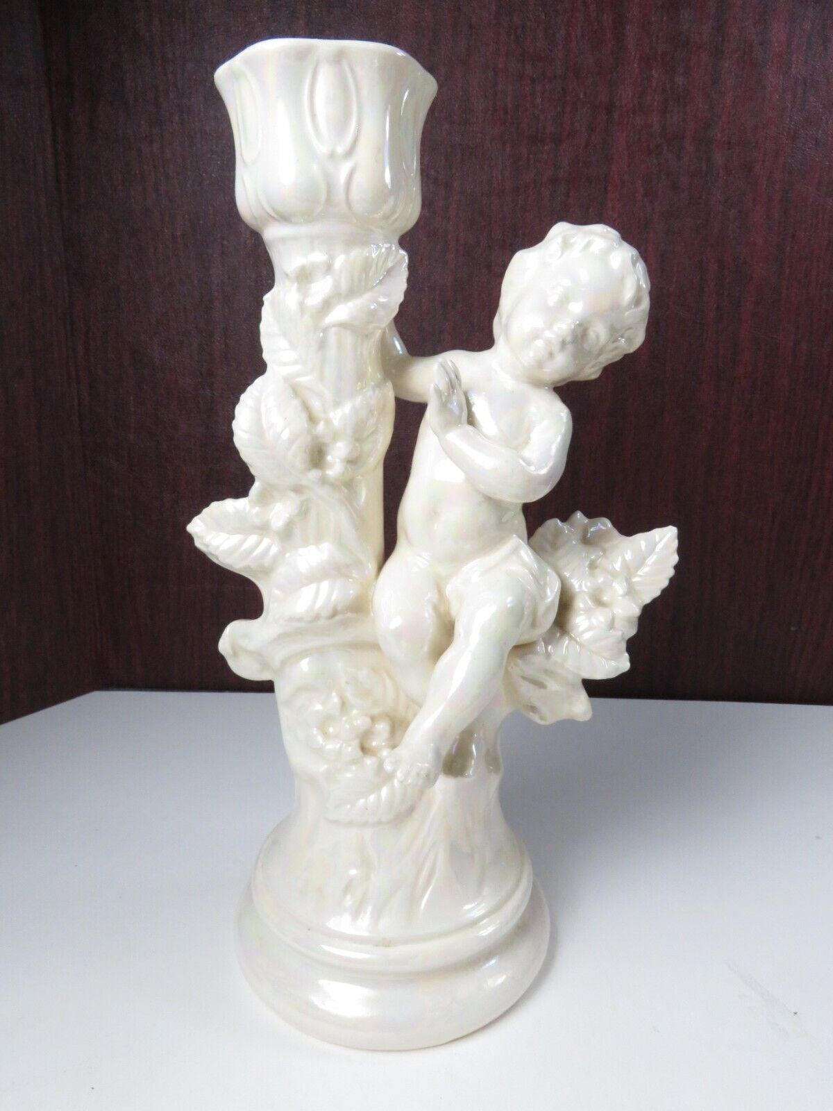 Vtg White Opalescent Cherub Angel Candlestick Victorian  Style Holland Mold