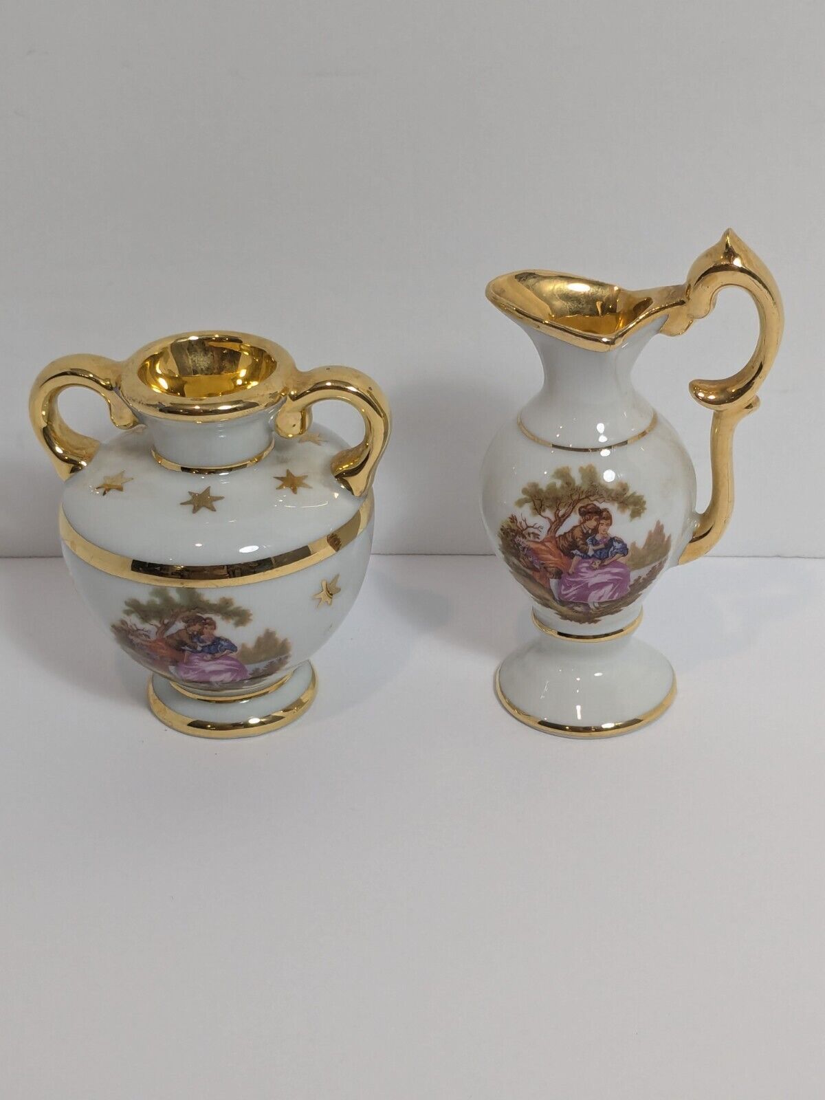 Porcelain Limoges France Miniature Gold Trim Stars Pitcher And Vase Couple