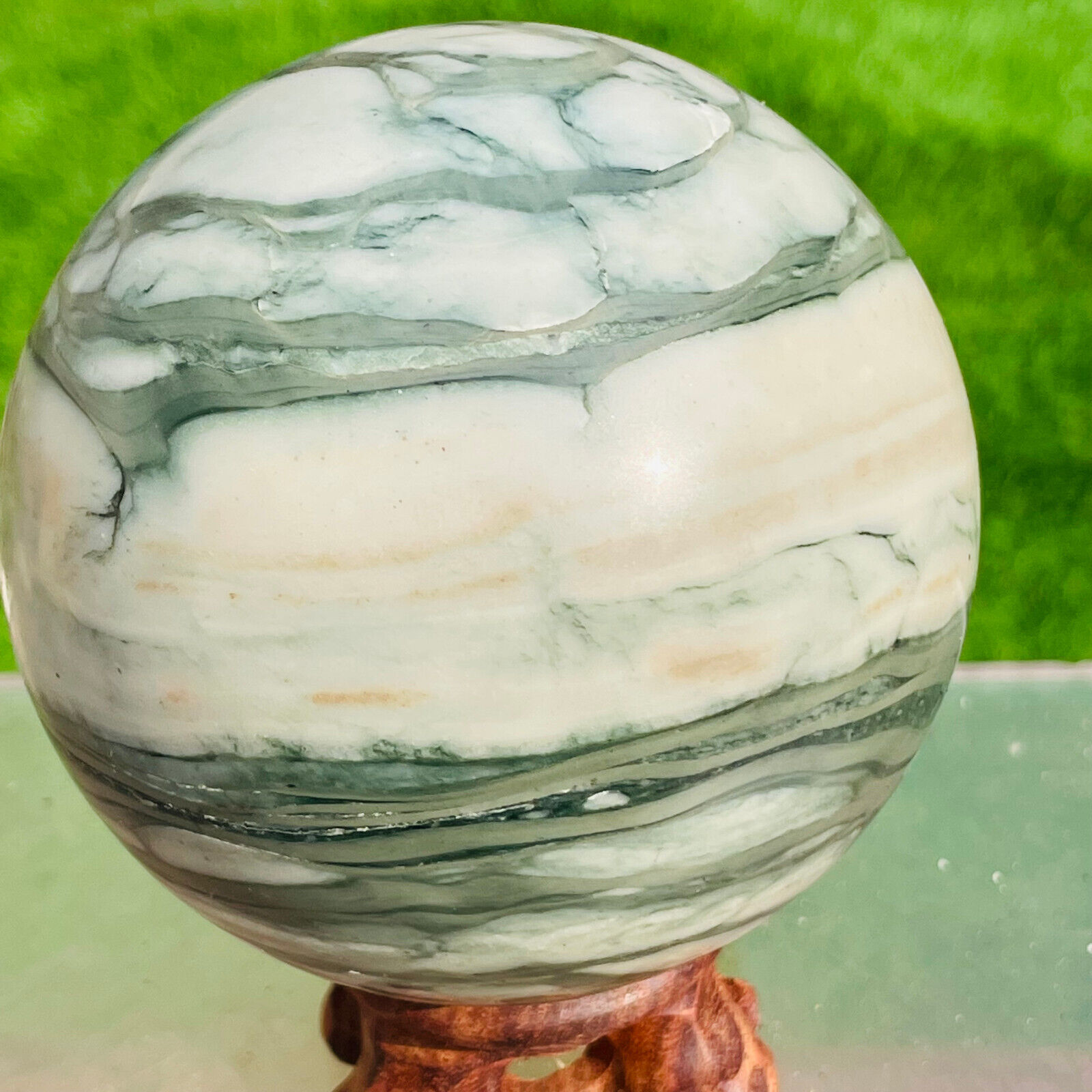 650g Natural Green Zebra Stone Jasper Crystal Quartz Sphere Ball Healing