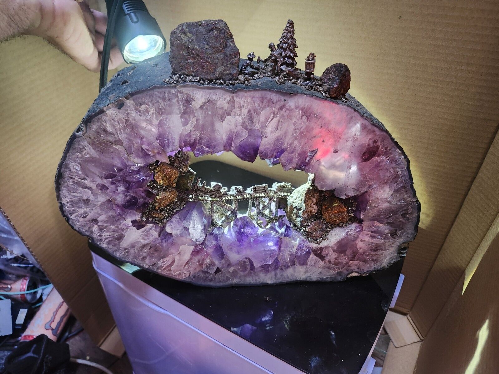 Vintage Amethyst Geode with Pewter Train & Miner Attached